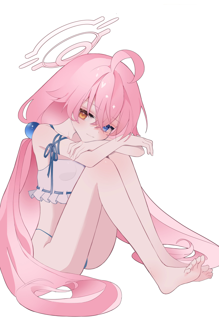 ahoge artist_request bikini blue_archive blue_eyes breasts feet frilled_bikini frills hair_between_eyes halo heterochromia hoshino_(blue_archive) huge_ahoge loli long_hair looking_at_viewer pink_hair pink_halo simple_background sitting small_breasts soles swimsuit thighs toes twintails very_long_hair white_background yellow_eyes