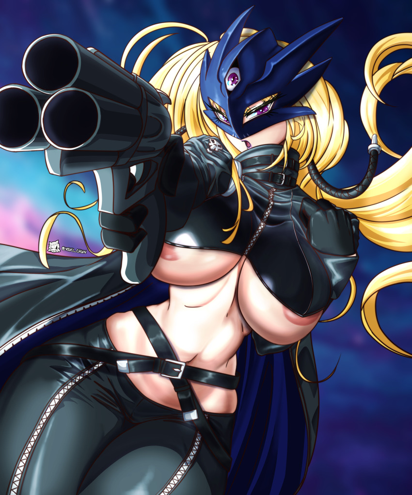 1girl absurdres areola_slip beelstarmon belt black_belt black_coat black_gloves black_pants black_vest blonde_hair blue_mask breasts coat commentary cowboy_shot cropped_vest digimon digimon_(creature) english_commentary eye_mask floating_hair gloves gun highres holding holding_gun holding_weapon large_breasts leather leather_pants lipstick long_hair looking_at_viewer makeup mask multiple-barrel_gun navel open_clothes open_coat pants parted_lips purple_eyes purple_lips sidelocks skull_print solo standing stomach third_eye tight_clothes tight_pants twitter_username underboob very_long_hair vest weapon yaki_chun zipper