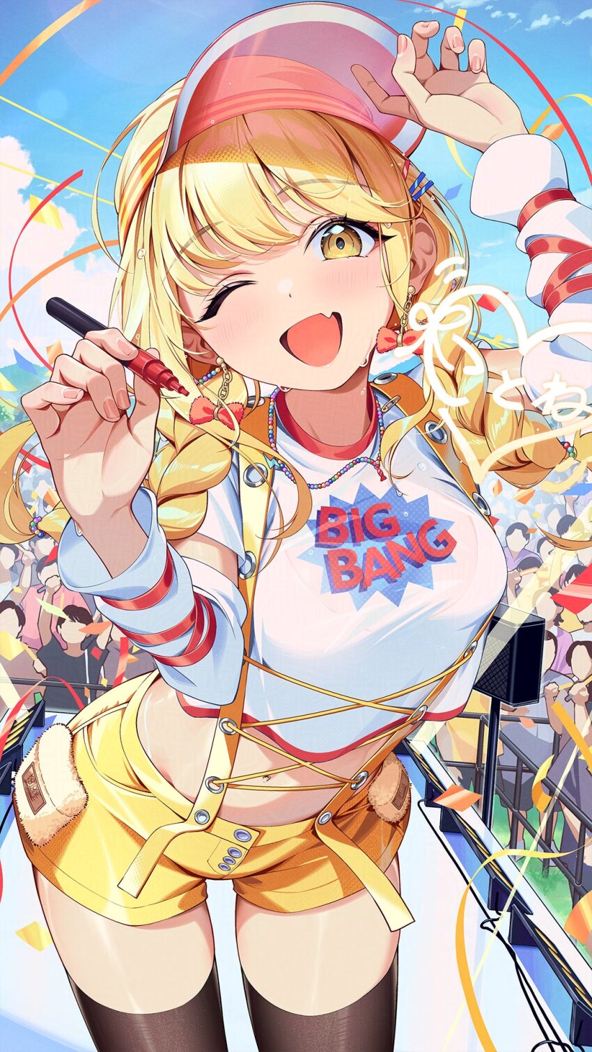 black_thighhighs blonde_hair blue_sky bra bra_visible_through_clothes braid breasts cloud commentary_request confetti crowd day detached_sleeves earrings eyelashes faceless faceless_male fang fujita_kotone gakuen_idolmaster hair_ornament hairclip hands_up highres holding holding_marker idol idolmaster jewelry kainown light_blush long_hair looking_at_viewer low_twin_braids marker navel official_alternate_costume one_eye_closed open_mouth outdoors print_shirt shirt short_shorts shorts sidelocks skin_fang sky small_breasts smile stage stomach suspender_shorts suspenders sweat thighhighs thighs twin_braids underwear visor_cap white_bra white_shirt white_sleeves yellow_big_bang!_(idolmaster) yellow_eyes yellow_shorts