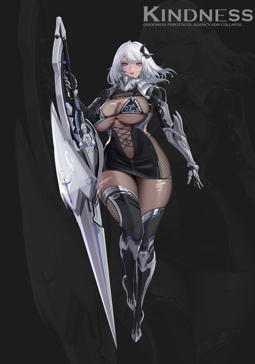 1girl absurdres black_bra black_dress black_thighhighs bodystocking bra breasts character_name cleavage commentary_request dress full_body highres holding holding_weapon hui_z_jie large_breasts looking_at_viewer mechanical_arms medium_hair microdress original simple_background solo thighhighs torn_bodystocking torn_clothes underwear weapon white_eyes white_hair zettai_ryouiki