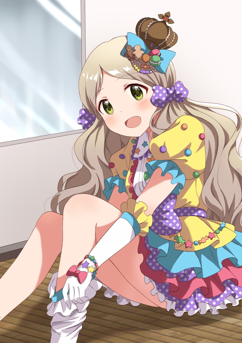 1girl absurdres adjusting_sock birthday blue_bow blush bow bracelet breasts brown_hair candy_hair_ornament commentary_request crown dot_nose dressing elbow_gloves feet_out_of_frame fingernails food-themed_hair_ornament frilled_gloves frilled_shirt frilled_skirt frills gingerbread_man gloves green_eyes hair_bow hair_ornament handa_roco highres idol idol_clothes idolmaster idolmaster_million_live! indoors jewelry knees_up layered_skirt long_hair looking_at_viewer macaron_hair_ornament mirror multicolored_skirt official_alternate_costume open_mouth parted_hair pink_bow polka_dot polka_dot_bow puffy_short_sleeves puffy_sleeves purple_bow shadow shirt short_sleeves sitting skirt smile socks solo star_(symbol) three_quarter_view tongue very_long_hair wavy_hair white_gloves white_socks wooden_floor yellow_shirt yukipo_p