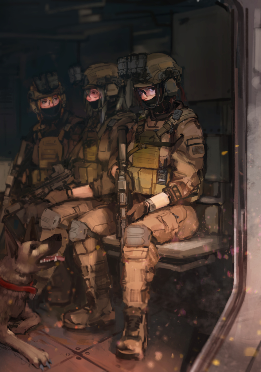 3girls absurdres assault_rifle baklava blonde_hair brown_hair dog glasses gloves gun highres holding holding_gun holding_weapon knee_pads load_bearing_vest looking_at_viewer military_combat_uniform military_uniform multiple_girls on_bench original rifle ryu7599 safety_glasses sitting weapon