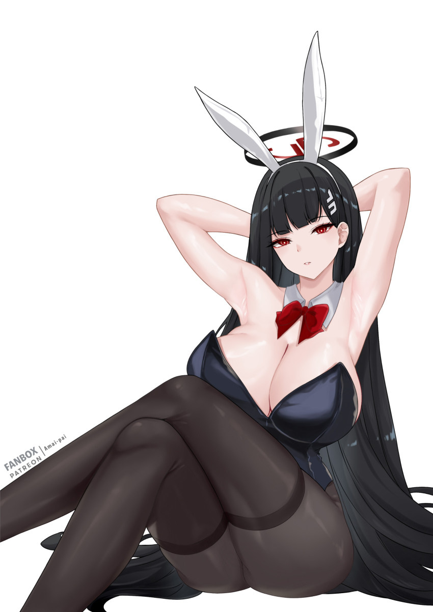1girl absurdres amai-pai animal_ear_hairband animal_ears black_bra black_hair black_leotard blue_archive blush bow bowtie bra breasts cleavage detached_collar fake_animal_ears hairband halo highres large_breasts leotard long_hair pantyhose parted_lips playboy_bunny rabbit_ear_hairband rabbit_ears red_bow red_bowtie red_eyes rio_(blue_archive) solo strapless strapless_leotard underwear very_long_hair