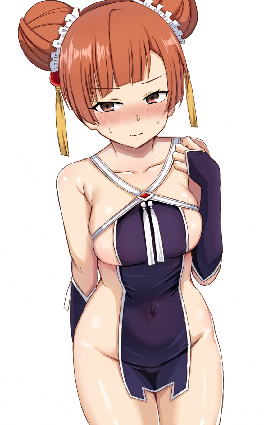 1girl absurdres bare_shoulders breasts brown_eyes brown_hair collarbone covered_navel double_bun hair_bun hair_ornament highres large_breasts laufen_(sousou_no_frieren) no_panties nootomo solo sousou_no_frieren tassel tassel_hair_ornament thighs