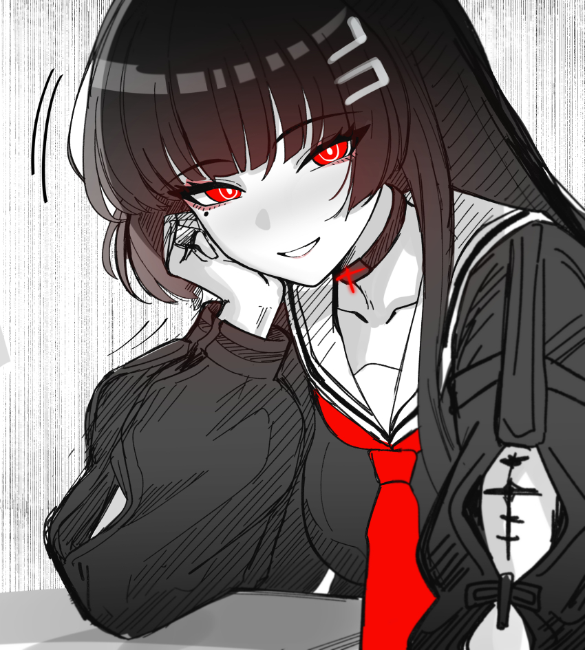 1girl arm_cutout black_choker black_hair black_shirt blue_archive breasts chisa_(wuthering_waves) chisa_(wuthering_waves)_(cosplay) choker clothing_cutout collarbone commentary cosplay head_rest highres long_hair long_sleeves looking_at_viewer medium_breasts mini2chainz mole mole_under_eye neckerchief parted_lips red_eyes red_neckerchief rio_(blue_archive) school_uniform shirt smile solo tacet_mark_(wuthering_waves) upper_body wuthering_waves