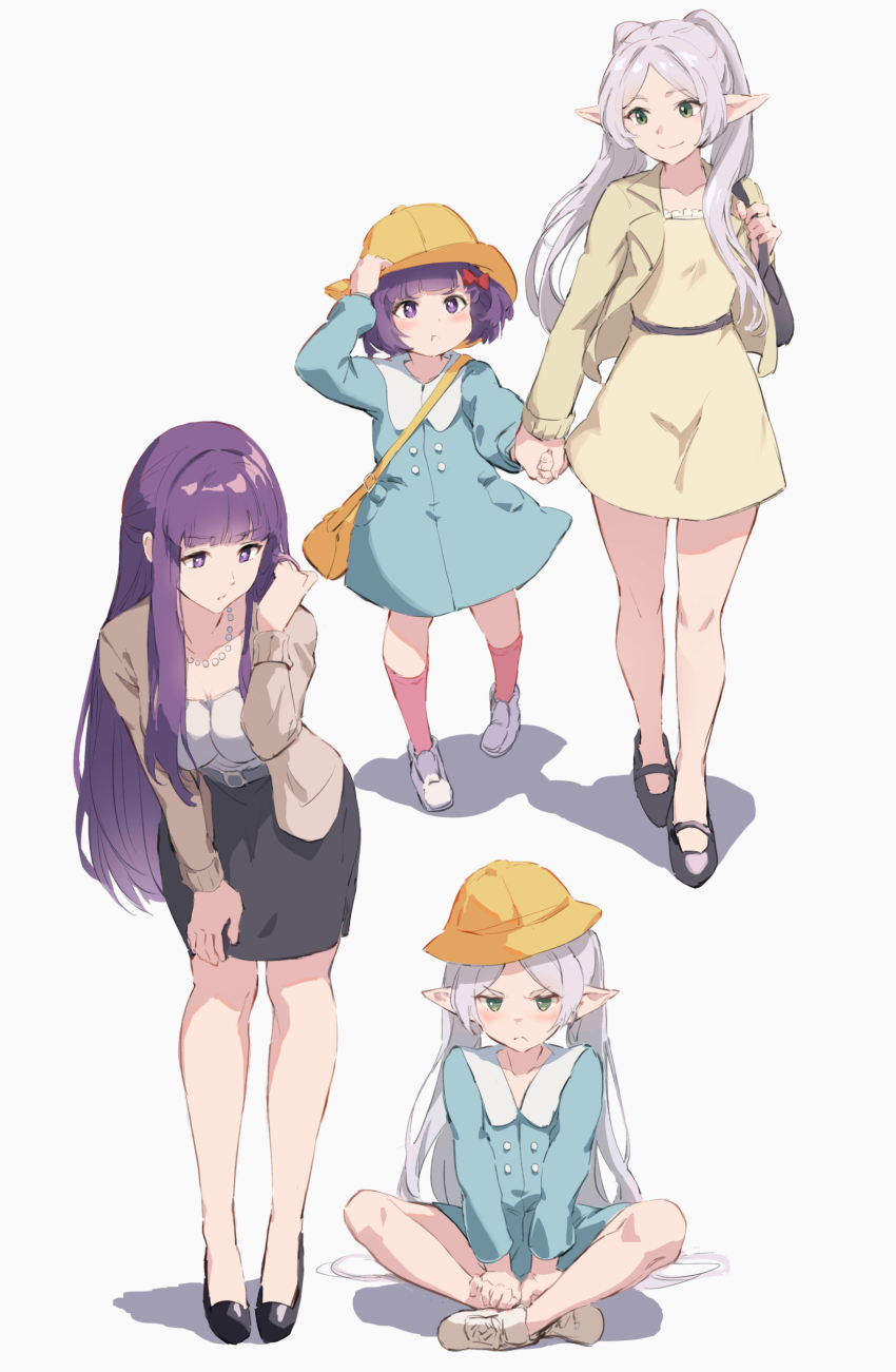 2girls :t absurdres alternate_costume bag black_shoes black_skirt blunt_bangs blush breasts brown_jacket casual child cleavage closed_mouth collarbone dress elf fern_(sousou_no_frieren) frieren green_eyes grey_hair hand_on_headwear handbag hat highres holding_hands jacket jewelry jojobirdz kindergarten_uniform kneehighs large_breasts leaning_forward long_hair long_sleeves multiple_girls multiple_views necklace open_clothes open_jacket pink_socks pointy_ears pout purple_eyes purple_hair school_hat shirt shoes short_hair shoulder_bag simple_background sitting skirt smile socks sousou_no_frieren twintails v-shaped_eyebrows very_long_hair walking white_background white_shirt white_shoes yellow_dress yellow_hat yellow_jacket