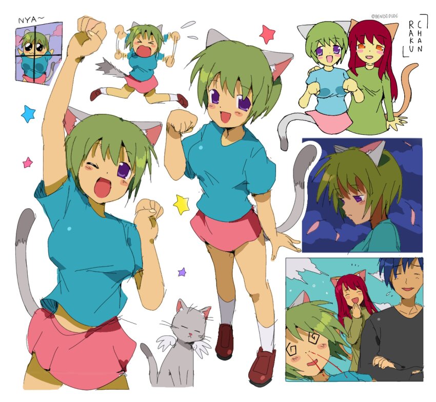 1boy 2000s_(style) 2girls :d @_@ against_window animal_ears arm_up bendedede blood blue_hair blue_shirt blue_sky blush breasts brown_footwear cat cat_ears cat_girl cat_tail closed_eyes cloud cowboy_shot dress falling_petals full_body green_dress green_hair grey_cat grey_fur grey_shirt grey_tail highres hitoshi-san koneko-chan laughing long_hair multiple_girls night nosebleed nyan_neko_sugar_girls one_eye_closed open_mouth orange_eyes petals pink_skirt purple_eyes raku-chan red_hair shirt shoes short_hair skirt sky smile socks sweatdrop t-shirt tail very_short_hair white_background white_socks window wings