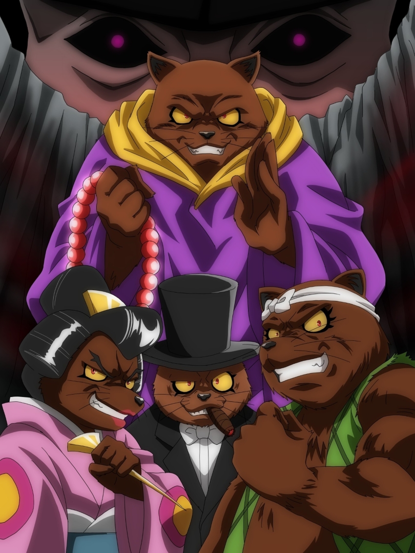 1girl 4boys beads cigar clenched_hands colored_sclera danichiro_(gegege_no_kitarou_6) dansaburo_(gegege_no_kitarou_6) furry furry_female furry_male gegege_no_kitarou geisha green_shirt gyobu-danuki_(gegege_no_kitarou_6) hat headband highres holding_prayer_beads japanese_clothes kimono kimono_tanuki_(gegege_noi_kitarou_6) looking_at_viewer mask medibang_paint_(medium) mountain multiple_boys nanashi_(gegege_no_kitarou_6) nori_gutchin pink_kimono prayer_beads purple_eyes purple_robe red_eyes robe shirt tanuki top_hat tuxedo white_headband yellow_sclera