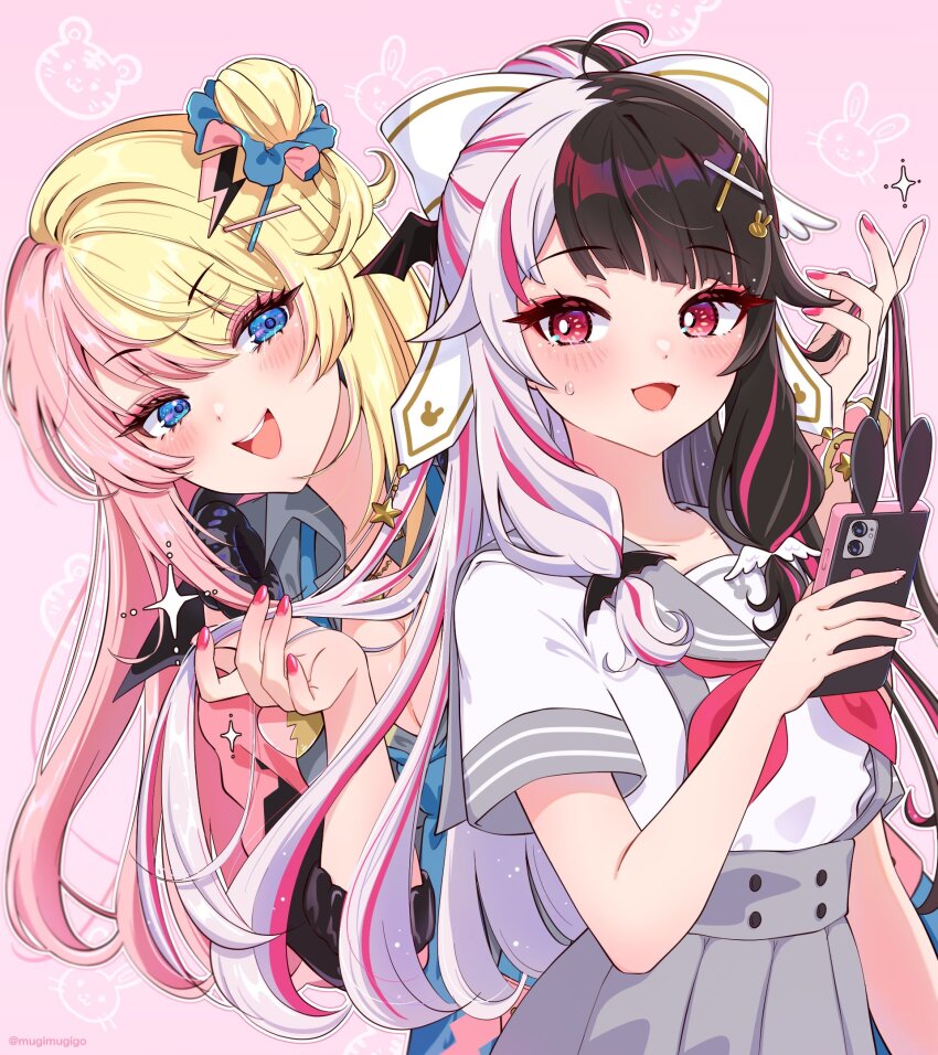 2girls black_hair blonde_hair blue_eyes bow breasts cellphone cleavage eyeshadow grey_sailor_collar grey_skirt hair_bow hair_ornament highres kotoka_torahime lightning_bolt lightning_bolt_hair_ornament lightning_bolt_symbol long_hair makeup medium_breasts mugimugigo multicolored_hair multiple_girls nijisanji nijisanji_en phone pink_eyeshadow pink_hair pink_nails red_hair sailor_collar skirt small_breasts smartphone split-color_hair suspender_skirt suspenders two-tone_hair virtual_youtuber white_hair x_hair_ornament yorumi_rena yorumi_rena_(9th_costume)