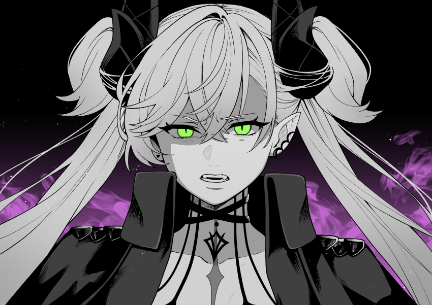 absurdres black_jacket body_markings braid disgust earrings fate/grand_order fate_(series) fjfs522 green_eyes grey_hair highres horns jacket jewelry multiple_braids multiple_earrings naked_jacket open_clothes open_jacket open_mouth ordeal_call_servant_(female) pointy_ears twintails