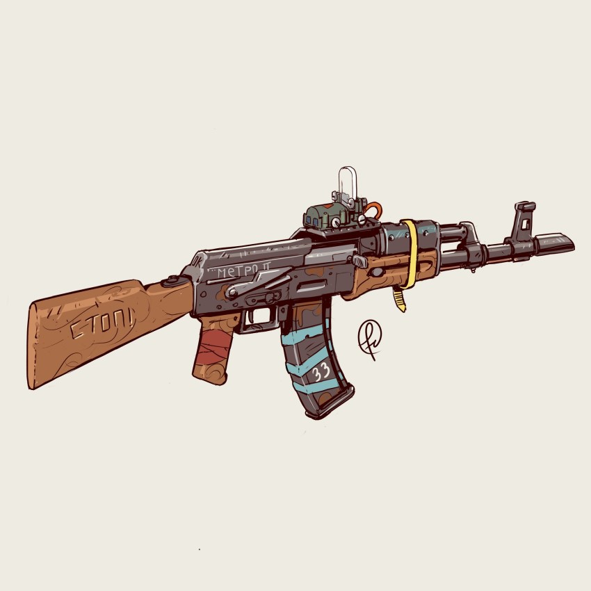ak-47 akm assault_rifle commentary copyright_name duct_tape fernando_correa from_side grey_background gun highres kalashnikov_rifle metro_2033 no_humans original rifle russian_text scope signature simple_background still_life weapon weapon_focus