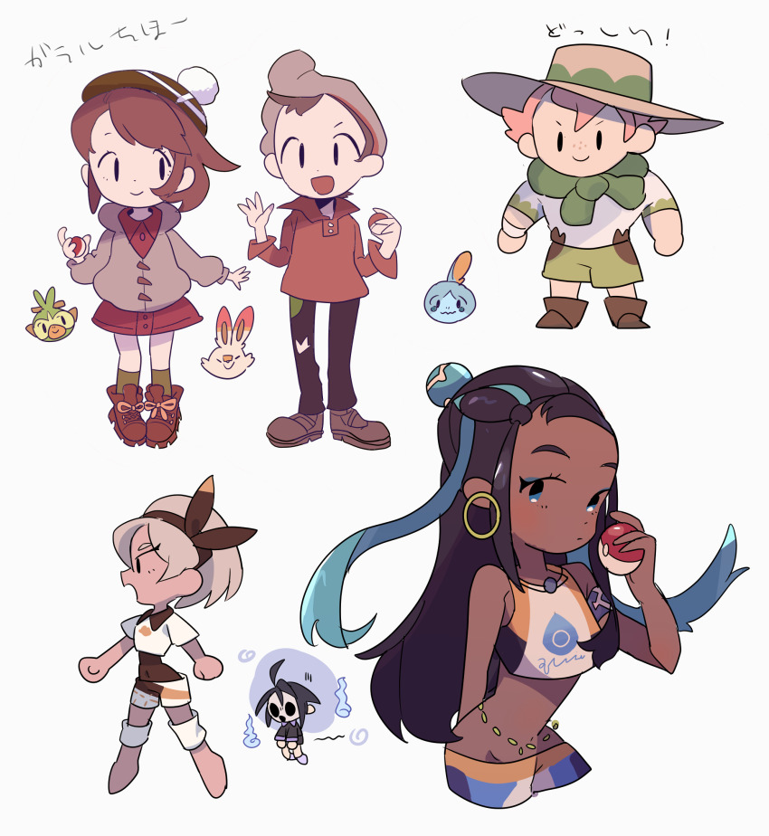 3boys 3girls allister_(pokemon) armlet barefoot bea_(pokemon) beanie belly_chain black_eyes black_hair boots bow_hairband brown_footwear brown_hair cardigan closed_mouth collared_dress collared_shirt commentary_request dark-skinned_female dark_skin dress earrings eyelashes eyeshadow freckles gen_8_pokemon gloria_(pokemon) gogeyama green_hat green_scarf green_socks grey_cardigan grey_hat grookey hair_bun hairband hand_up hat highres holding holding_poke_ball hoop_earrings jewelry knee_pads long_hair looking_at_viewer makeup milo_(pokemon) multicolored_hair multiple_boys multiple_girls nessa_(pokemon) nintendo no_sclera pants poke_ball poke_ball_(basic) pokemon pokemon_(creature) pokemon_swsh scarf scorbunny shirt shoes short_sleeves shorts sidelocks smile sobble socks tam_o&#039;_shanter two-tone_hair victor_(pokemon) white_background white_shirt