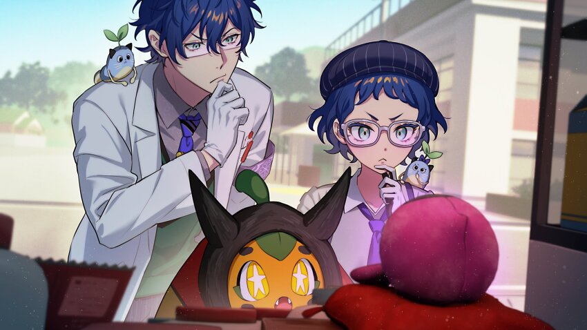 1boy 1girl 8ya_nagi armband blue_bow blue_hair blue_necktie bow breast_pocket building collared_shirt crossover cushion gloves green_eyes green_sweater_vest hand_on_own_chin highres lab_coat leos_vincent mameneko_(leos_vincent) necktie nijisanji nintendo object_in_pocket ogerpon pecharunt pen_in_pocket pocket pokemon purple_armband shirt short_hair striped_clothes striped_headwear sweater_vest thinking virtual_youtuber white-framed_eyewear white_gloves