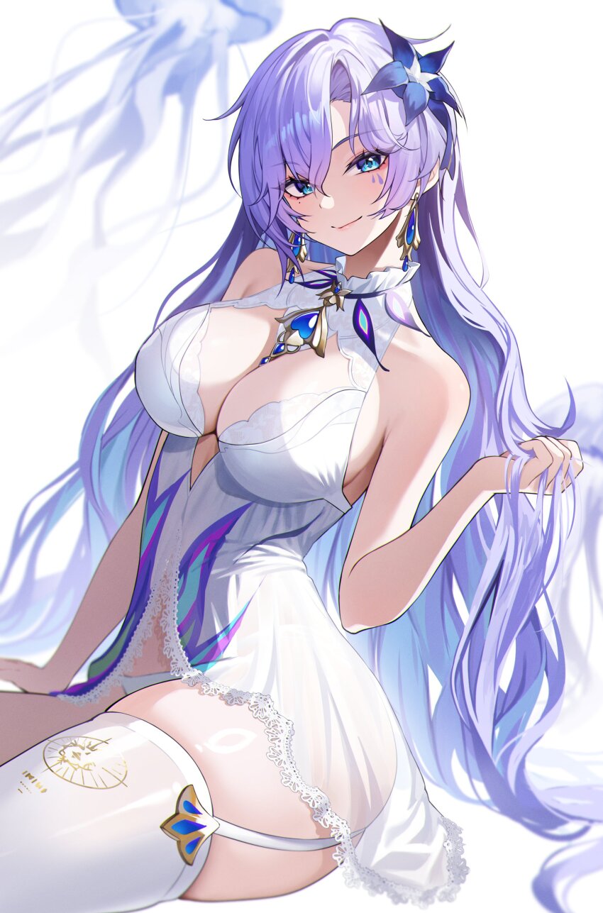 1girl absurdres adapted_costume armpit_crease ayoni_623 babydoll bare_shoulders blue_eyes blue_flow breasts cantarella_(wuthering_waves) closed_mouth collar commentary earrings facial_mark flower hair_between_eyes hair_flower hair_ornament hand_up hashtag-only_commentary highres holding holding_own_hair jellyfish jewelry large_breasts long_hair looking_at_viewer mark_under_eye panties purple_hair simple_background single_thighhigh skindentation smile solo thick_thighs thighhighs thighs underwear very_long_hair white_babydoll white_background white_collar white_panties white_thighhighs wuthering_waves