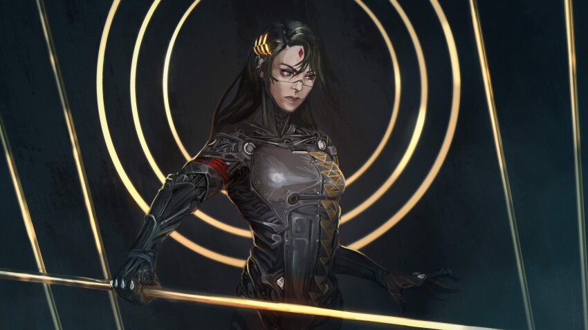 1girl absurdres android black_hair cyberpunk dark_background facial_mark falke_(signalis) forehead_mark halo highres holding holding_polearm holding_weapon laurel_crown long_hair mechanical_arms nictanova polearm science_fiction sierpinski_triangle signalis solo spear weapon