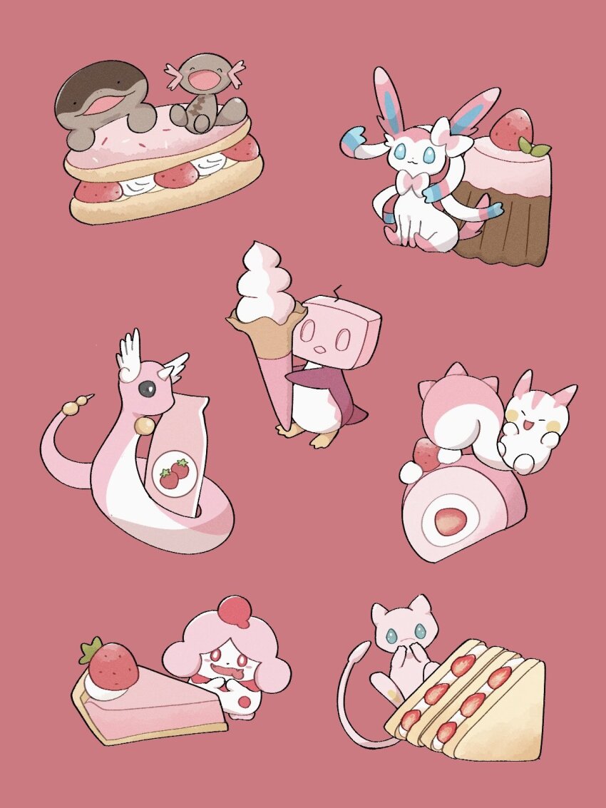 :3 :d ^_^ alternate_color arms_up black_eyes blue_eyes bottle bright_pupils cake cake_slice clodsire closed_eyes dragonair eiscue eiscue_(ice) evolutionary_line fangs food food_request fruit fruit_sandwich gen_1_pokemon gen_4_pokemon gen_6_pokemon gen_8_pokemon happy highres holding holding_food holding_ice_cream horns ice_cream ice_cream_cone legendary_pokemon looking_at_viewer mew_(pokemon) milk_bottle mythical_pokemon nintendo no_humans open_mouth pachirisu paldean_wooper pink_background pokemon pokemon_(creature) red_eyes shiny_pokemon simple_background single_horn sitting slurpuff smile soft_serve solid_circle_eyes strawberry strawberry_milk strawberry_slice sumi_fms swiss_roll sylveon tongue tongue_out white_pupils