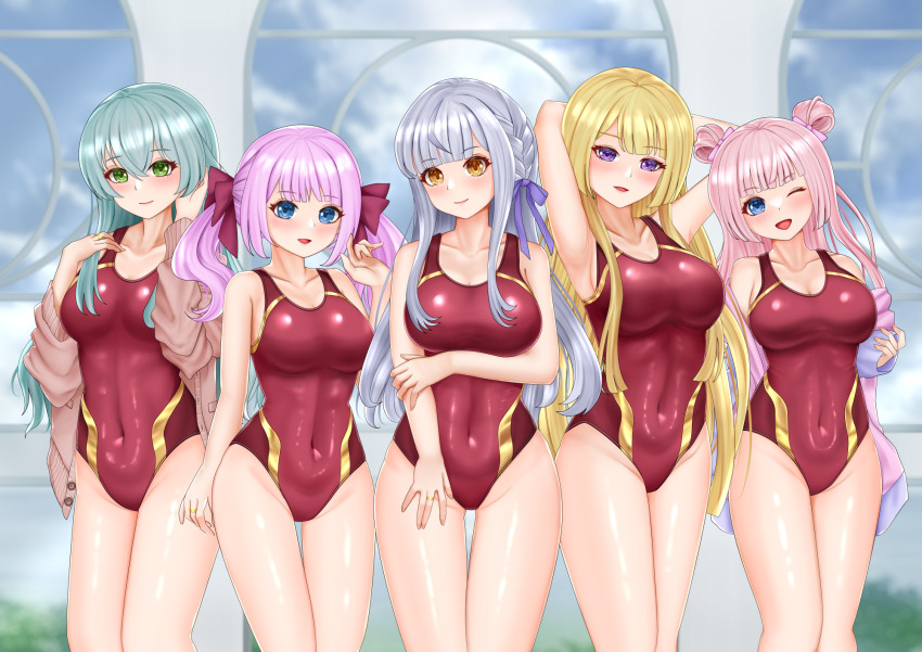 5girls ;d aqua_hair arm_at_side arm_under_breasts armpits arms_behind_back arms_up assault_lily bare_arms bare_shoulders blonde_hair blue_eyes blue_jacket blue_sky blunt_bangs blunt_ends blurry blurry_background blush bow braid breasts brown_cardigan buttons cardigan cleavage closed_mouth cloud collarbone commentary_request competition_swimsuit covered_navel cowboy_shot crossed_bangs double_bun fingernails green_eyes grey_hair groin hair_between_eyes hair_bow hair_bun hair_ribbon half_updo hand_in_own_hair hand_on_own_arm hand_up hands_up highres imai_tomohiro indoors jacket jewelry kon_kanaho large_breasts long_hair long_sleeves looking_at_viewer medium_breasts miyagawa_takane multicolored_jacket multiple_girls off_shoulder one-piece_swimsuit one_eye_closed open_cardigan open_clothes open_jacket open_mouth parted_lips pink_bow pink_hair pink_jacket purple_eyes purple_ribbon red_bow red_one-piece_swimsuit ribbon ring sadamori_himeka side-by-side side_braid sideboob sidelocks sky sleeves_past_fingers sleeves_past_wrists smile standing swimsuit swimsuit_under_clothes tanba_akari toki_kureha twintails two-tone_jacket very_long_hair wavy_hair window yellow_eyes