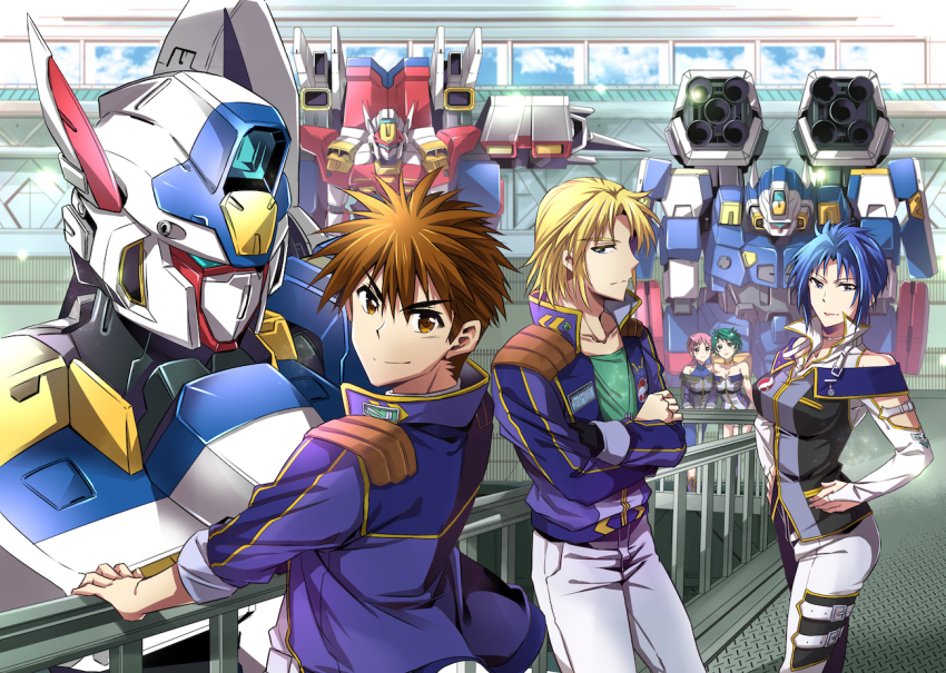 2boys 3girls aqua_eyes aya_kobayashi bare_shoulders bittsu_(v1tz) blonde_hair blue_eyes blue_hair blue_jacket breasts brown_eyes brown_hair choker cleavage collarbone crossed_arms green_eyes green_hair hair_behind_ear hands_on_own_hips hangar jacket large_breasts mai_kobayashi mecha multiple_boys multiple_girls pants r-1 r-2 r-3 robot ryuusei_date science_fiction short_hair shoulder_cannon siblings sisters small_breasts smile super_robot_wars super_robot_wars_original_generation v-shaped_eyebrows viletta_badam visor white_pants
