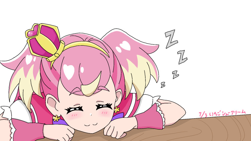 1girl animal_ears blonde_hair blush_stickers bow brown_background butterfly-shaped_earrings closed_eyes closed_mouth crown cure_wonderful curly_hair dog_ears dress earrings frills gold_crown gold_earrings gold_headband heart highres inukai_komugi jewelry mini_crown pink_crown pink_dress pink_hair precure puffy_sleeves sleeping smile solo strawberry_creampuff table translation_request uwu white_background white_stripes wonderful_precure! wood wooden_table zzz