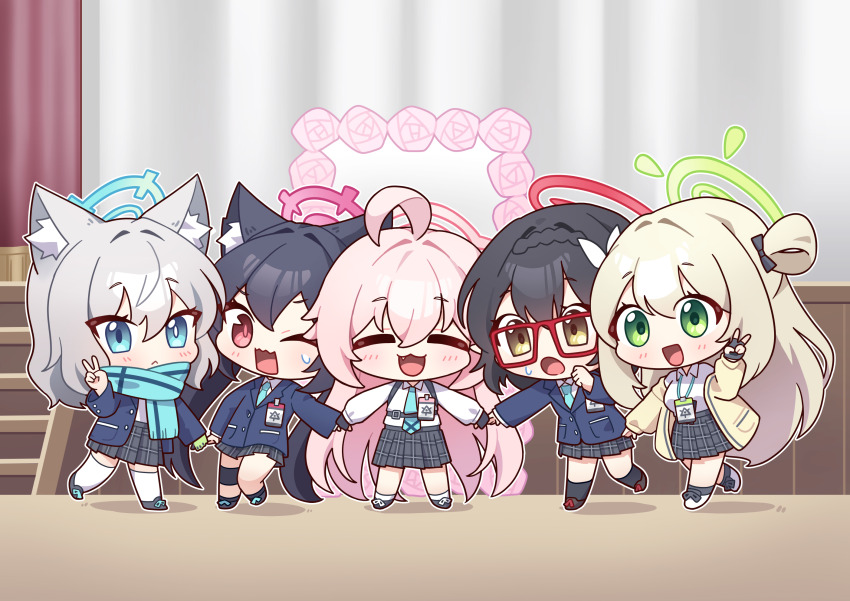5girls :&lt; :3 :d :o absurdly_long_hair abydos_high_school_logo ahoge animal_ear_fluff animal_ears ankle_socks aqua_necktie aqua_scarf ayane_(blue_archive) bad_tag black_bow black_gloves black_hair black_shoes black_skirt black_socks blazer blonde_hair blue_archive blue_eyes blue_halo blue_jacket blush bow braid cardigan cat_ears chibi closed_eyes collared_shirt commentary_request crossed_bangs crown_braid curtains double-parted_bangs fang fingerless_gloves foreclosure_task_force_(blue_archive) full_body glasses gloves green_eyes green_halo grey_hair hair_between_eyes hair_bow hair_flaps hair_intakes hair_rings halo highres hoshino_(blue_archive) id_card illust_sucong indoors jacket knee_pads kneehighs long_hair medium_hair mismatched_pupils multiple_girls necktie nonomi_(blue_archive) one_eye_closed open_cardigan open_clothes open_jacket open_mouth outline pink_hair pink_halo plaid_clothes plaid_skirt pleated_skirt red-framed_eyewear red_eyes red_halo scarf school_uniform serika_(blue_archive) shiroko_(blue_archive) shirt shoes single_knee_pad skirt smile socks stage standing striped_clothes striped_scarf twintails very_long_hair white_outline white_shirt white_socks wolf_ears yellow_cardigan yellow_eyes