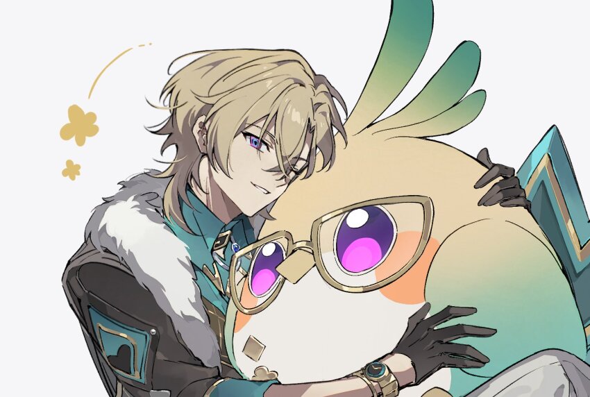 1boy animal animal_hug aqua_shirt aventurine_(honkai:_star_rail) aventurine_(origami_bird)_(honkai:_star_rail) bird black_collar black_gloves black_jacket blonde_hair blue_eyes bracelet cleavage_cutout clothing_cutout collar collared_shirt commentary_request crossed_bangs fur-trimmed_jacket fur_trim gloves gold_trim hair_between_eyes honkai:_star_rail honkai_(series) hug jacket jewelry looking_at_viewer male_focus multicolored_eyes one_eye_closed open_clothes open_jacket origami_bird_(honkai:_star_rail) osamu18568716 parted_bangs parted_lips purple_eyes shirt short_hair simple_background sleeves_rolled_up smile solo watch white_background wing_collar wristwatch