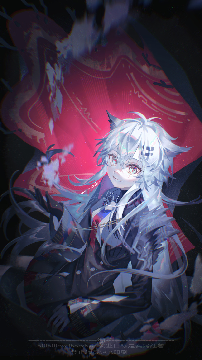 1girl absurdres animal_ears antenna_hair arknights black_gloves black_jacket black_skirt gloves grey_eyes hair_between_eyes hair_ornament hairclip highres jacket jiuye_mubiao_shi_mai_kao_hongshu lappland_(arknights) lappland_the_decadenza_(arknights) long_hair long_sleeves looking_at_viewer pinstripe_pattern pinstripe_shirt shirt shirt_tucked_in skirt smile solo white_hair