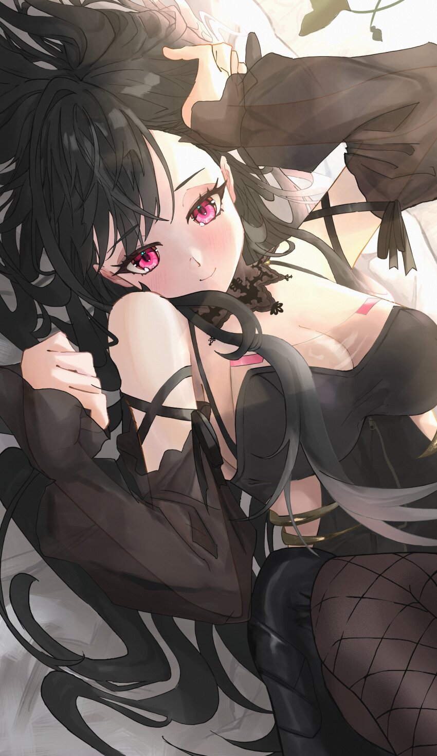 1girl absurdres arm_ribbon black_dress black_hair black_pantyhose breasts brown_sleeves brown_thighhighs cleavage detached_sleeves dontsu dress fishnet_thighhighs fishnets halter_dress halterneck hand_on_own_head highres kuroha_arya lace-trimmed_collar lace_trim large_breasts legs_together long_hair looking_at_viewer lying on_back pantyhose pink_eyes ribbon see-through_cleavage see-through_clothes see-through_dress_layer see-through_sleeves sideless_dress single_leg_pantyhose single_thighhigh smile solo thighhighs very_long_hair virtual_youtuber vspo! vspo!_en