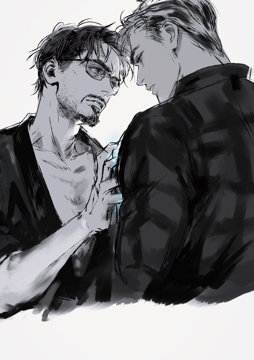 2boys avengers:_endgame avengers_(series) collarbone commentary english_commentary facial_hair from_behind greyscale hand_up highres long_sleeves looking_at_another male_focus malkogromit marvel monochrome multiple_boys open_clothes open_robe plaid_clothes plaid_shirt robe shirt short_hair simple_background steve_rogers sunglasses teeth tony_stark upper_body