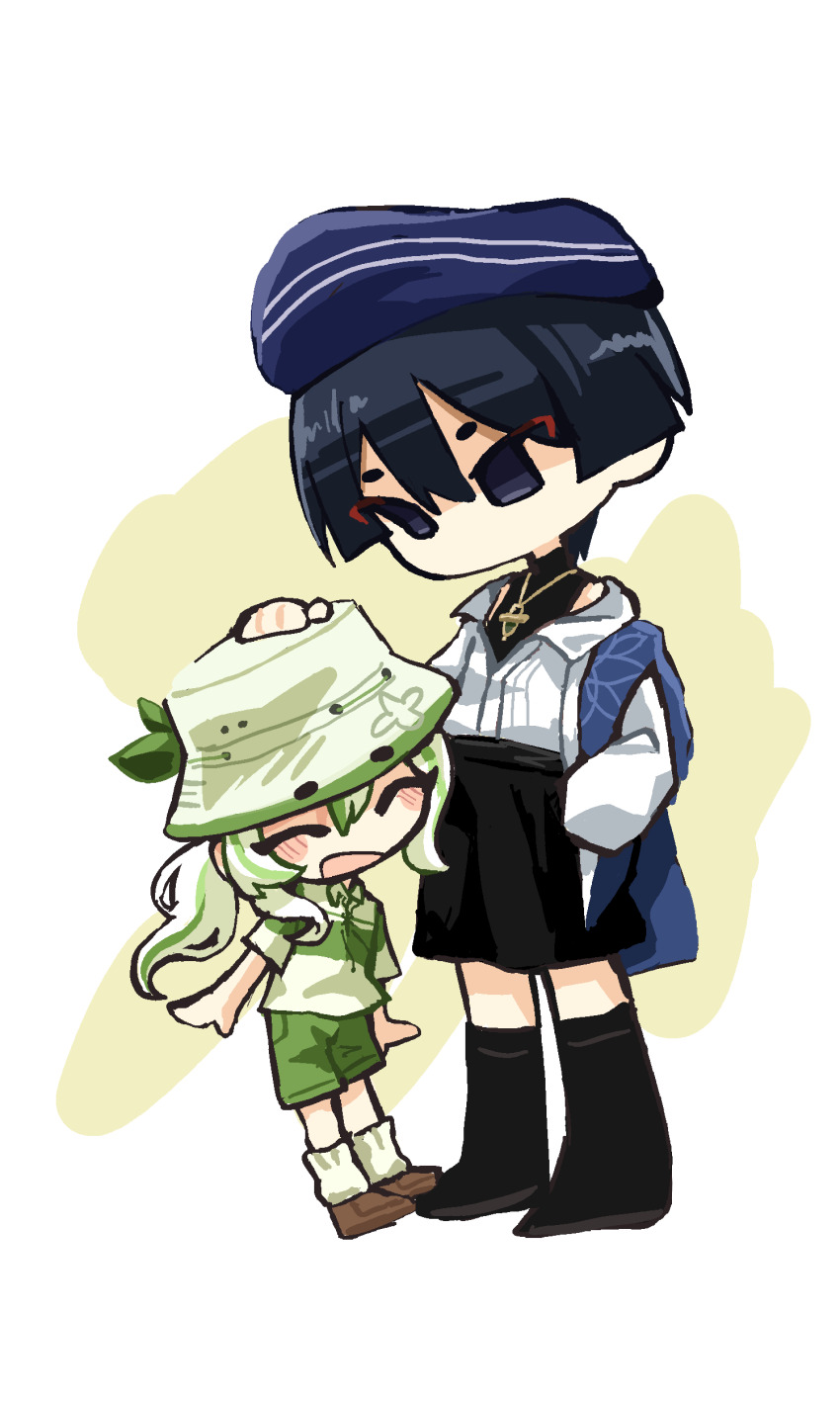 1boy 1girl 3fish7 absurdres alternate_costume arms_at_sides beret black_boots black_eyes black_hair black_shirt black_shorts blue_hat blue_shawl blush boots brown_shoes bucket_hat closed_eyes collared_shirt empty_eyes eyeliner eyeshadow full_body genshin_impact gold_necklace gold_pendant green_hair green_shorts green_trim hat hat_ornament headpat height_difference highres jewelry leaf_hat_ornament long_hair long_sleeves looking_at_another looking_down makeup multicolored_hair nahida_(genshin_impact) necklace no_mouth official_alternate_costume open_hands open_mouth purple_eyes red_eyeliner red_eyeshadow scaramouche_(genshin_impact) shawl shirt shoes short_sleeves shorts shoulder_peek side_ponytail sidelocks socks standing streaked_hair turtleneck turtleneck_shirt wanderer_(genshin_impact) wanderer_(wanderer_impression)_(genshin_impact) white_hair white_hat white_shirt white_sleeves white_socks white_trim wing_collar