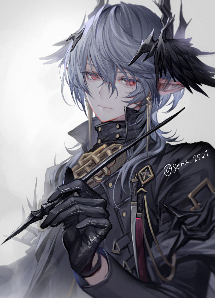 1boy arknights artist_name black_gloves black_jacket black_wings closed_mouth commentary_request earrings gloves grey_hair hair_between_eyes head_wings highres holding holding_wand jacket jewelry logos_(arknights) logos_(npc)_(arknights) long_sleeves looking_at_viewer male_focus medium_hair mole mole_under_eye pointy_ears red_eyes senano-yu simple_background solo upper_body wand white_background wings