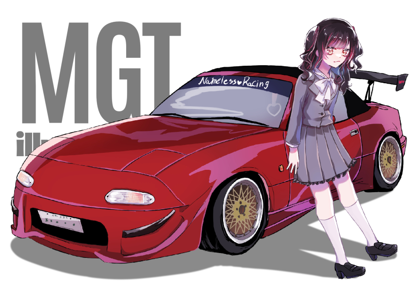 1girl absurdres black_shoes brown_hair car eunos_roadster frilled_skirt frills frown grey_jacket grey_skirt heart highres illest_(brand) jacket logo looking_at_viewer mazda mazda_mx-5 mazda_mx-5_na motor_vehicle mugi_(marineblue134) multicolored_hair original personification pleated_skirt red_hair shadow shoes simple_background skirt socks solo spoiler_(automobile) sports_car stance_(vehicle) streaked_hair two_side_up vehicle_and_personification vehicle_focus white_background white_socks