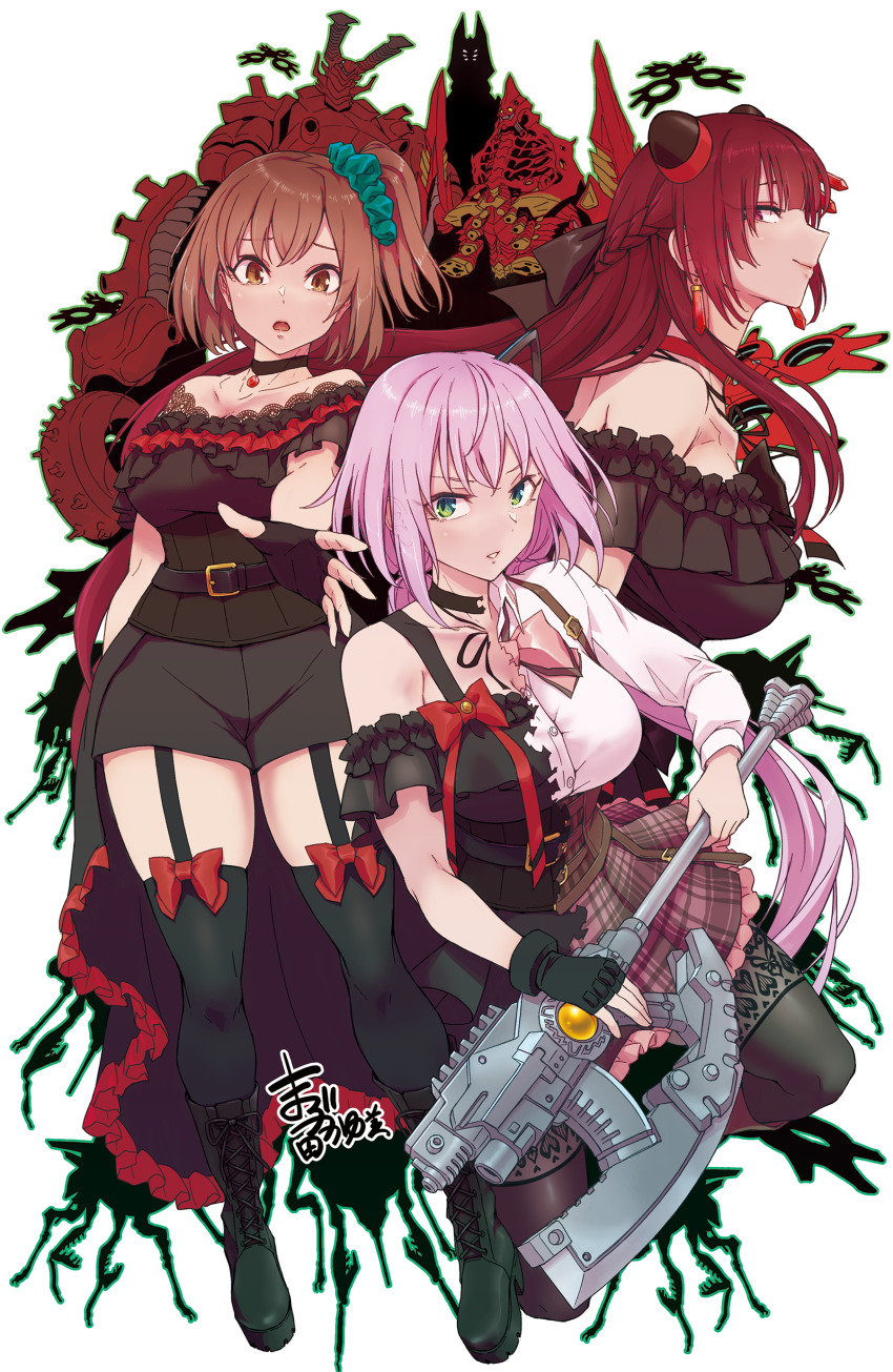 3girls absurdres animal_ears aqua_scrunchie artist_name assault_lily bare_shoulders belt belt_buckle black_belt black_bow black_choker black_dress black_footwear black_gloves black_ribbon black_shirt black_shorts black_thighhighs blue_eyes boots bow braid breasts brown_footwear brown_hair brown_skirt buckle buttons cat_ears choker cleavage closed_mouth collared_shirt commentary_request corset dated_commentary dress earrings fake_animal_ears french_braid frilled_dress frilled_shirt frilled_skirt frills full_body garter_straps gloves gozen_(assault_lily) gradient_eyes green_eyes hair_bow hair_ornament hair_scrunchie hairpods highres holding holding_weapon jewelry knee_boots l_(assault_lily) lace lace-trimmed_shirt lace-up_boots lace_trim large_breasts long_hair looking_at_viewer looking_to_the_side low_twintails ludvico_private_girls&#039;_academy_school_uniform mabuta_kayumi miniskirt monster multicolored_eyes multiple_girls neck_ribbon off-shoulder_dress off-shoulder_shirt off_shoulder one_side_up parted_lips pink_bow pink_eyes pink_hair pink_skirt profile raised_eyebrows red_bow red_hair ribbon school_uniform scrunchie shirt short_hair short_sleeves shorts showgirl_skirt sideways_glance signature skirt smile split_theme suspenders thigh_bow thighhighs thighhighs_under_boots toda_eulalia_kotohi torn_bow torn_choker torn_clothes torn_ribbon torn_shirt twintails two-handed underbust v-shaped_eyebrows weapon white_background white_shirt yellow_eyes