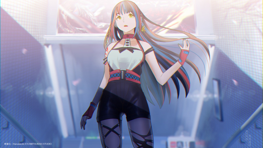 1girl absurdres black_hair black_pantyhose blue_hair blunt_bangs blunt_ends blurry company_name copyright_notice cowboy_shot depth_of_field fingerless_gloves gloves halterneck harusaruhi headphones high-waist_shorts highres kamitsubaki_studio long_hair looking_up mczk_riv26 multicolored_hair open_mouth pantyhose pantyhose_under_shorts red_hair shorts solo stairs straight_hair streaked_hair subway virtual_youtuber yellow_eyes