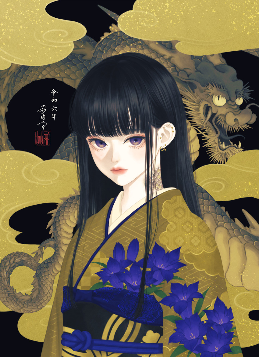 1girl absurdres black_background black_hair blue_flower blunt_bangs closed_mouth cloud dragon ear_piercing earrings eastern_dragon floral_print floral_print_kimono flower gentiana_(flower) hair_behind_ear highres japanese_clothes jewelry kikkoumon kimono long_hair looking_at_viewer neck_tattoo obi obiage obijime original piercing print_kimono purple_eyes sash sayagata seal_impression signature solo straight_hair tattoo upper_body ushiyama_ame