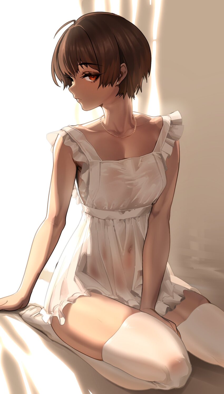 1girl dark_skin earrings highres jewelry looking_at_viewer navel necklace rakuga_kiya red_eyes short_hair tagme