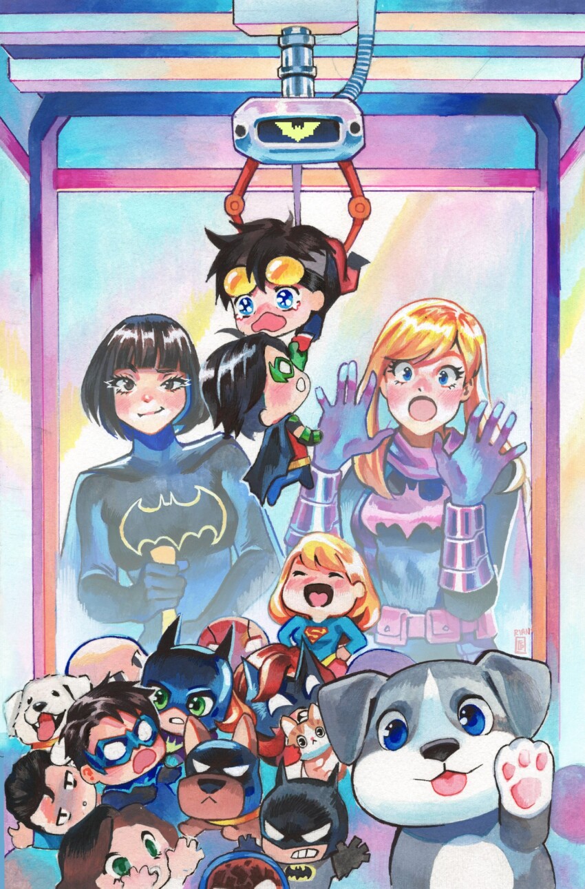 2girls :&lt; ace_the_bat-hound artist_name barbara_gordon batgirl batgirls batman batman_symbol batwoman belt black_bodysuit black_cape black_hair blank_eyes blonde_hair blue_eyes bob_cut bodysuit breasts cape cassandra_cain cat clenched_teeth closed_eyes commentary crane_game crying dc_comics dick_grayson dog domino_mask english_commentary gloves gouache_(medium) hands_on_own_hips highres jason_todd kate_kane kon-el long_hair looking_at_viewer mask medium_breasts multiple_girls nightwing open_mouth painting_(medium) pixelated purple_belt purple_cape purple_gloves red_hood rian_gonzales robin_(dc) short_hair superboy supergirl superhero_costume superman superman_logo teeth tim_drake tongue tongue_out traditional_media utility_belt watercolor_(medium) white_eyes