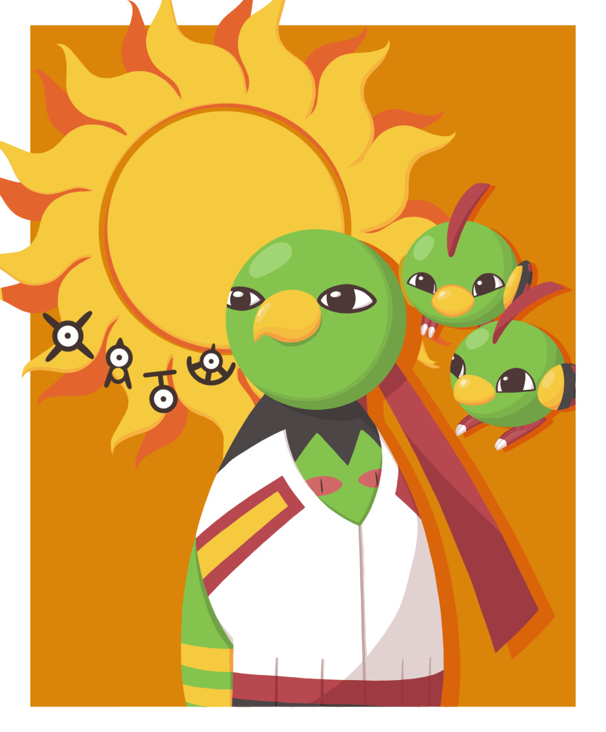 absurdres black_eyes border closed_mouth drop_shadow evolutionary_line gen_2_pokemon highres looking_ahead natu nintendo no_humans o_0-zzz orange_background pokemon pokemon_(creature) sun unown unown_a unown_t unown_u unown_x white_border xatu