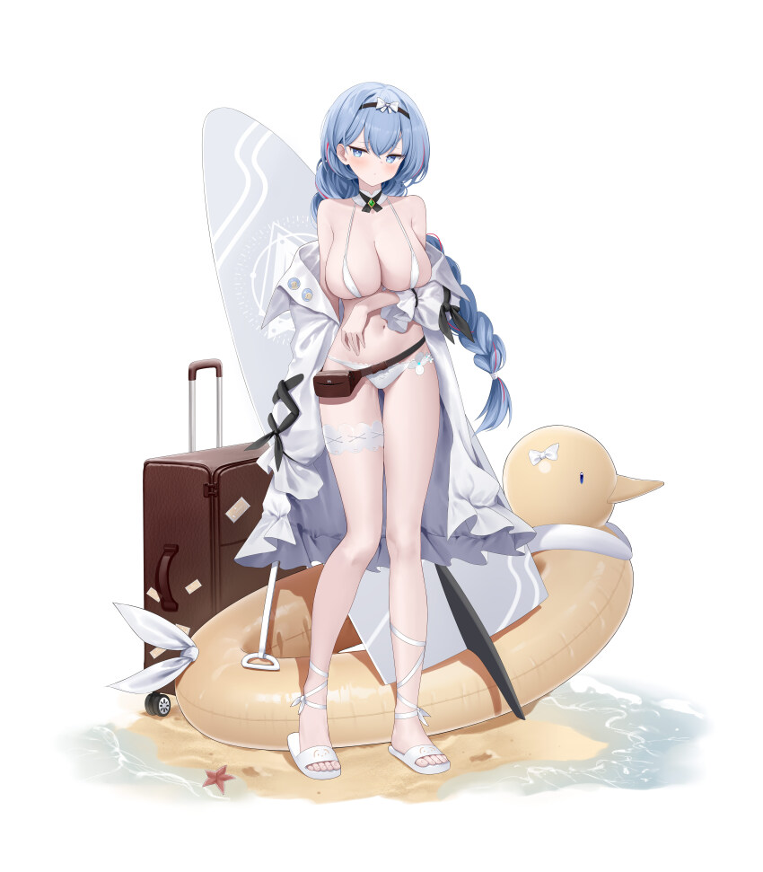 1girl absurdres bare_shoulders bikini blue_eyes blue_hair braid breasts character_request cleavage closed_mouth commentary_request duck_innertube frilled_jacket frills full_body haze/reverb highres jacket large_breasts long_hair looking_at_viewer low_twin_braids micro_bikini off_shoulder open_clothes open_jacket pouch roi_(liu_tian) rolling_suitcase slippers solo standing suitcase surfboard swimsuit twin_braids white_bikini white_jacket white_slippers