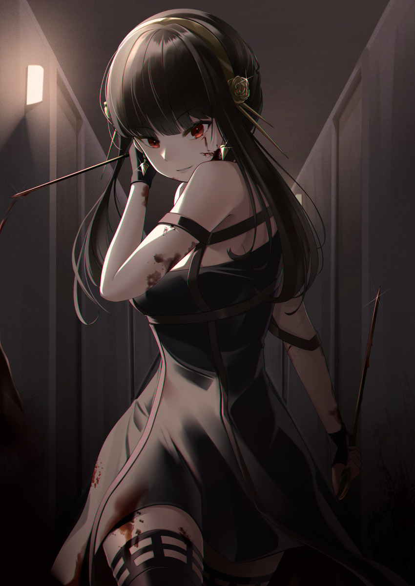 1girl absurdres black_dress black_gloves black_hair black_thighhighs blood blood_on_clothes blood_on_face dagger dress dual_wielding earrings flower gloves hair_flower hair_ornament hairband highres holding holding_weapon jewelry knife looking_at_viewer off-shoulder_dress off_shoulder red_eyes rose sidelocks smile sparkle spy_x_family thighhighs weapon winterlime12 yor_briar