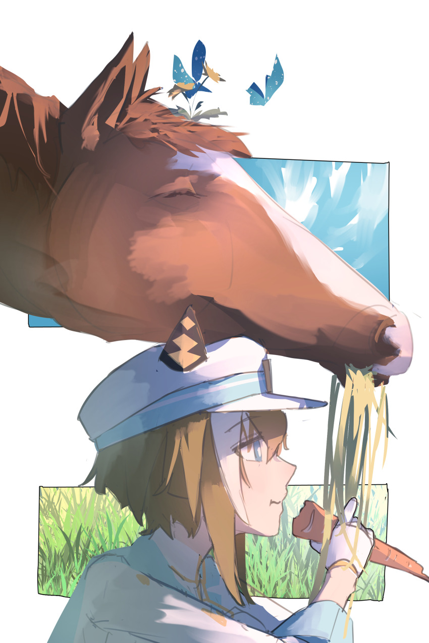 1girl absurdres animal animal_ears brown_hair carrot cheval_grand_(racehorse) cheval_grand_(umamusume) closed_eyes commentary creature_and_personification ear_covers eating grass hand_on_another&#039;s_head hat highres horse horse_ears horse_girl long_sleeves multicolored_hair peaked_cap personification real_life sasa_fune short_hair short_hair_with_long_locks streaked_hair umamusume white_hat
