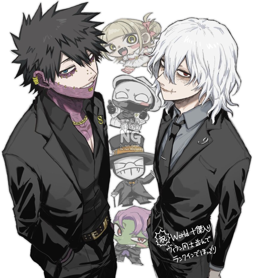 1girl 5boys ametaro_(ixxxzu) belt black_hair black_jacket black_pants black_shirt blonde_hair blue_eyes boku_no_hero_academia brown_belt character_request closed_mouth colored_skin cowboy_shot dabi_(boku_no_hero_academia) green_skin grin hands_in_pockets highres jacket medium_hair multiple_boys pants red_eyes shigaraki_tomura shirt simple_background smile spiked_hair teeth translation_request watermark white_background white_hair