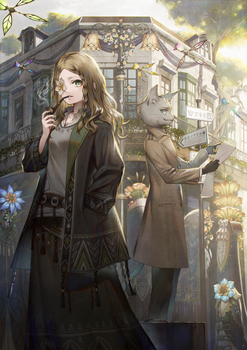 1girl belt black_gloves black_jacket black_skirt braid broken_window brown_hair building cat drone fantasy flower flower_over_eye from_below furry furry_female gloves green_eyes grey_shirt hand_in_pocket highres jacket lamppost long_hair long_skirt long_sleeves luggage open_clothes open_jacket original outdoors pants smoking_pipe pipe_in_mouth pointing road_sign shirt sho_(sumika) side_braid sign skirt smoking suitcase tassel tree window