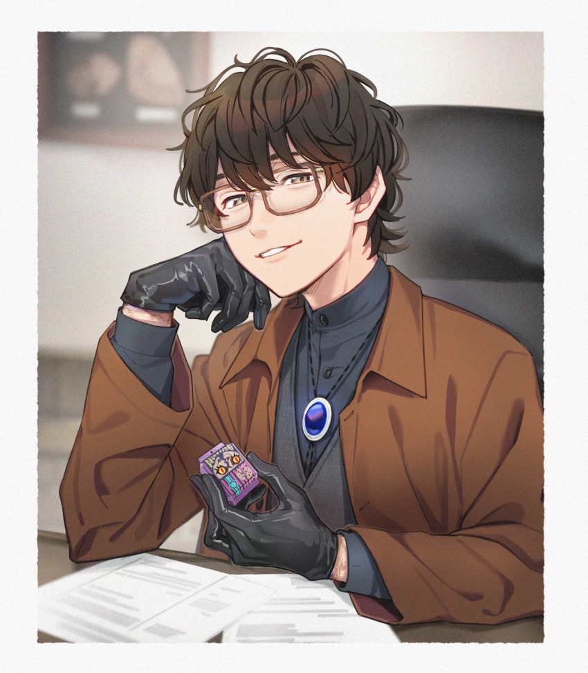 1boy aam09212 black_gloves brown_hair chair desk glasses gloves gochizo highres holding jewelry kamen_rider kamen_rider_gavv_(series) long_sleeves male_focus paper shirt short_hair smile suga_kenzo tokusatsu