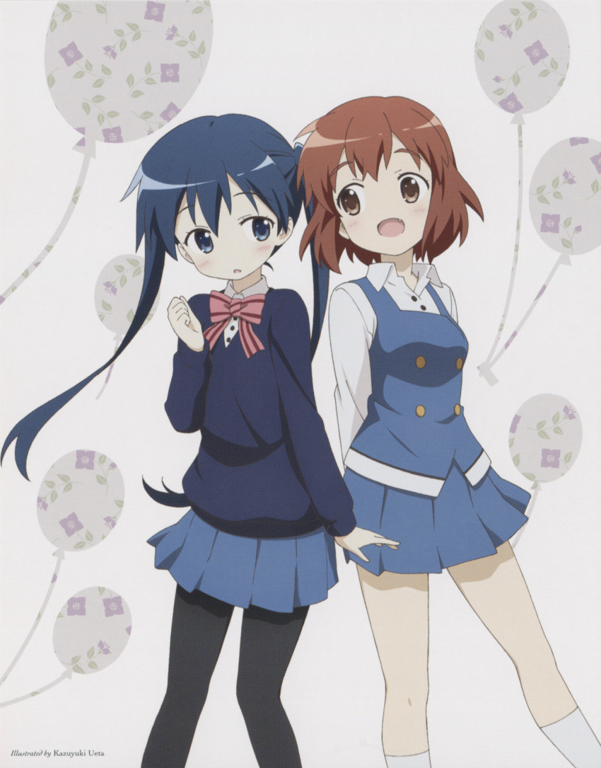 2girls arms_behind_back artist_name black_pantyhose blue_eyes blue_hair blue_skirt blue_sweater blue_vest bow bowtie brown_eyes brown_hair buttons collared_shirt double-breasted eye_contact fang feet_out_of_frame highres inokuma_youko kin-iro_mosaic komichi_aya lone_nape_hair long_hair long_sleeves looking_at_another miniskirt moegi_high_school_uniform multiple_girls non-web_source official_art open_mouth pantyhose pink_bow pink_bowtie pleated_skirt scan school_uniform shirt short_hair skirt socks standing striped_bow striped_bowtie striped_clothes sweater twintails ueta_kazuyuki vest white_shirt white_socks winter_uniform
