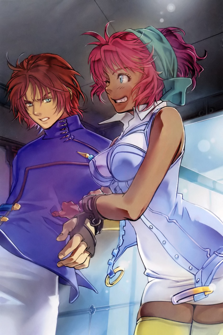 1boy 1girl absurdres arm_hug banpresto blue_eyes brown_hair fingerless_gloves gloves highres ichimura_yuu one_eye_closed red_hair ricarla_borgnine short_hair super_robot_wars super_robot_wars_original_generation thighhighs wink yuuki_jaggar yuuki_jegunan