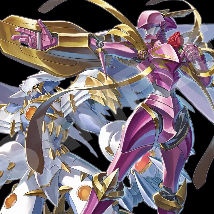 a-er_(akkij0358) armor black_background digimon digimon_(creature) digimon_frontier dynasmon flower helmet highres holding holding_flower holding_shield lordknightmon pink_armor pink_helmet red_flower red_rose rose royal_knights sample_watermark shield simple_background torn_wings watermark wings yellow_eyes