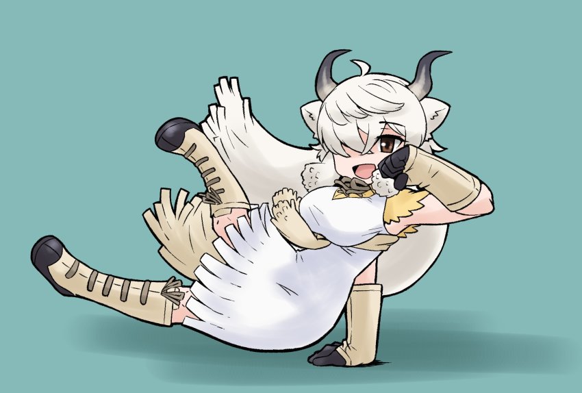 1girl black_boots black_gloves boots bow bowtie breakdance brown_bow brown_bowtie brown_eyes commentary_request dress gloves gravi_pig4891 hair_over_one_eye highres kemono_friends long_dress long_hair multicolored_boots ox_ears ox_girl ox_horns ox_tail shirt short_sleeves solo t-shirt twintails two-tone_boots two-tone_gloves white_boots white_dress white_gloves white_hair yak_(kemono_friends) yellow_shirt