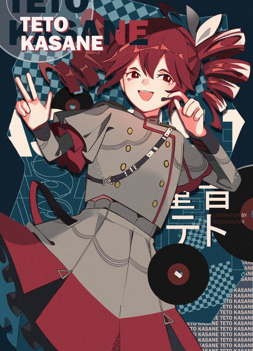 1girl absurdres ahoge belt black_belt black_sleeve_cuffs black_sleeves blue_background bow buttons character_name doodle_bunni double-breasted double-parted_bangs drill_hair flat_chest grey_background grey_jacket grey_skirt hair_between_eyes hair_bow hair_ribbon hands_up highres jacket kasane_teto kasane_teto_(sv) layered_skirt layered_sleeves long_sleeves looking_at_viewer microphone midriff_peek musical_staff musical_staff_print open_mouth record red_eyes red_hair red_skirt red_trim ribbon shoulder_belt shoulder_boards skirt skirt_set solo striped_clothes striped_jacket striped_skirt synthesizer_v teeth twin_drills upper_body upper_teeth_only utau v white_bow white_ribbon