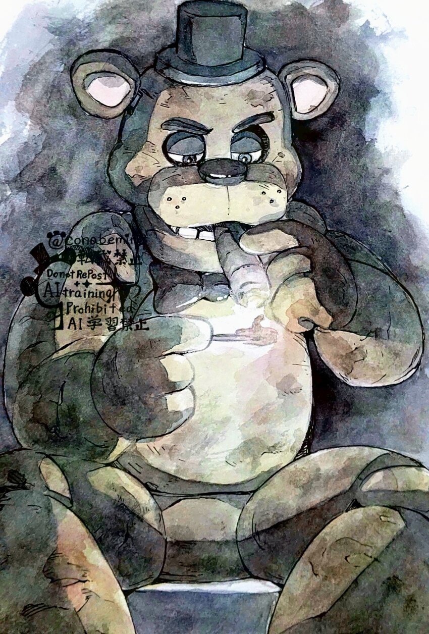 1boy animatronic black_hat cigar conabemin five_nights_at_freddy&#039;s freddy_fazbear furry furry_male hat highres holding male_focus robot sitting smoking solo top_hat watermark