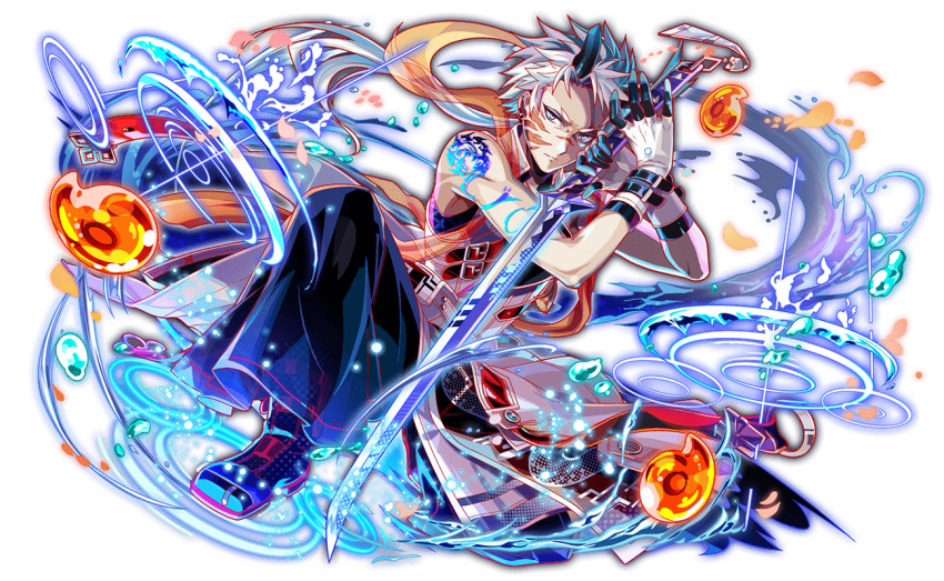 1boy ame_no_habakiri_(crash_fever) arm_tattoo artist_request bare_legs bare_shoulders belt belt_buckle black_belt black_boots blue_hakama blue_shirt boots buckle burn_scar cel_shading crash_fever dragon_tattoo earrings full_body game_cg glove_belt gloves hakama holding holding_sword holding_weapon horns japanese_clothes jewelry katana knee_boots kneeling light_particles magatama male_focus narrowed_eyes number_print numbered official_art orange_scarf outline red_outline scar scar_on_face scar_on_nose scarf see-through_hakama see-through_scarf shirt single_horn sleeveless sleeveless_shirt solo square square_print sword tachi-e tassel tattoo third-party_source transparent_background water_drop weapon white_eyes white_gloves white_hair